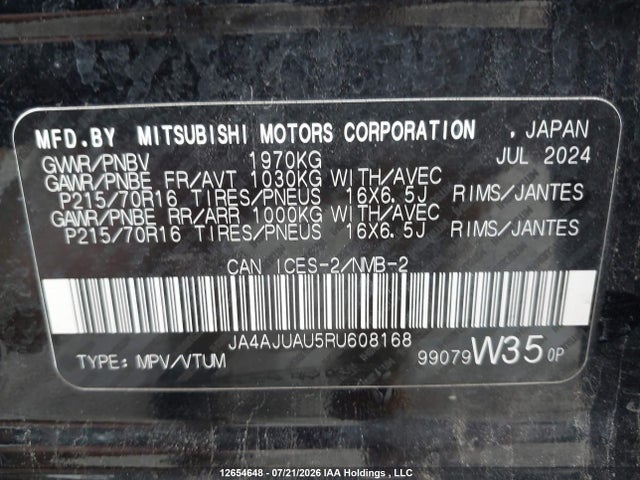 2024 Mitsubishi Rvr Es მანქანა იყიდება აუქციონზე, vin: JA4AJUAU5RU608168, აუქციონის ნომერი: 12654648