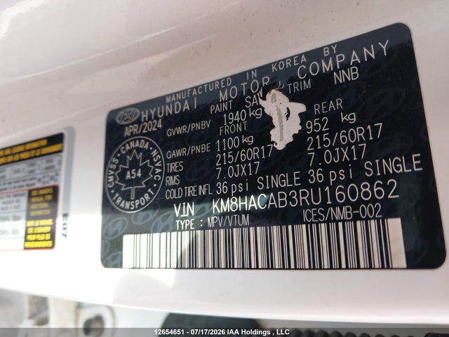 2024 Hyundai Kona მანქანა იყიდება აუქციონზე, vin: KM8HACAB3RU160862, აუქციონის ნომერი: 12654651