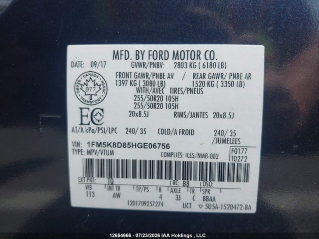 Aukcja sprzedaży 2017 Ford Explorer Xlt, vin: 1FM5K8D85HGE06756, numer aukcji: 12654666