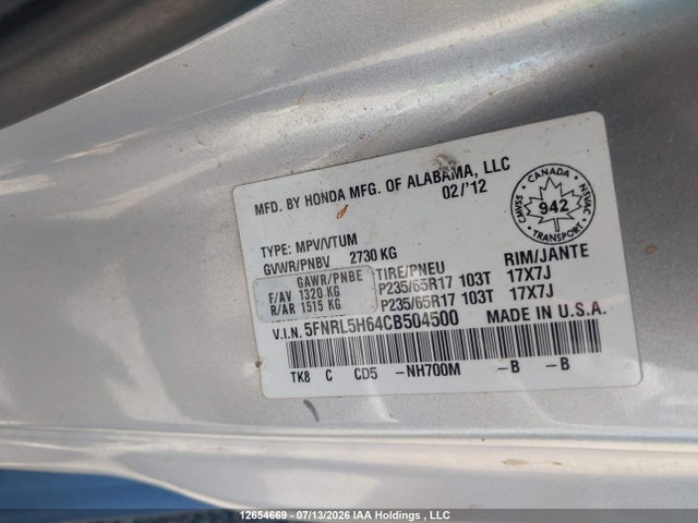 Продажа на аукционе авто 2012 Honda Odyssey Exl, vin: 5FNRL5H64CB504500, номер лота: 12654669