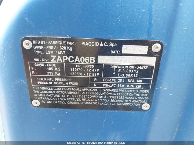12654673 :رقم المزاد ، ZAPCA06BXL5200487 vin ، 2020 Vespa Primavera 50 مزاد بيع