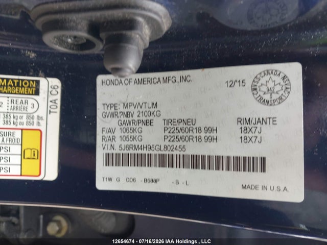 12654674 :رقم المزاد ، 5J6RM4H95GL802455 vin ، 2016 Honda Cr-v Touring مزاد بيع