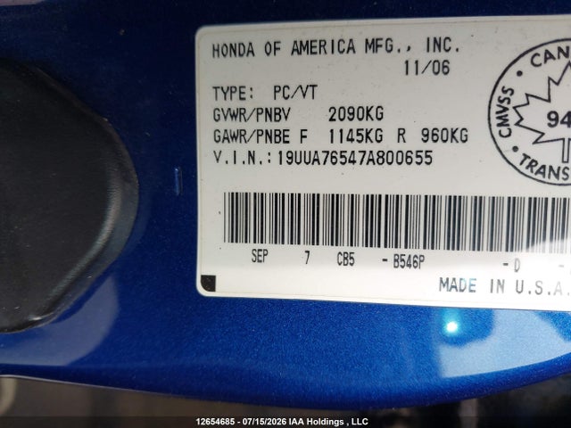Продаж на аукціоні авто 2007 Acura Tl Type S, vin: 19UUA76547A800655, номер лоту: 12654685