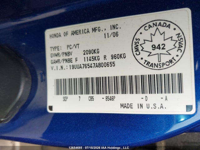 Продаж на аукціоні авто 2007 Acura Tl Type S, vin: 19UUA76547A800655, номер лоту: 12654685