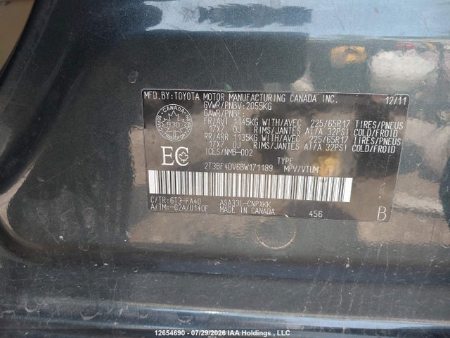 2011 Toyota Rav4 მანქანა იყიდება აუქციონზე, vin: 2T3BF4DV6BW171189, აუქციონის ნომერი: 12654690