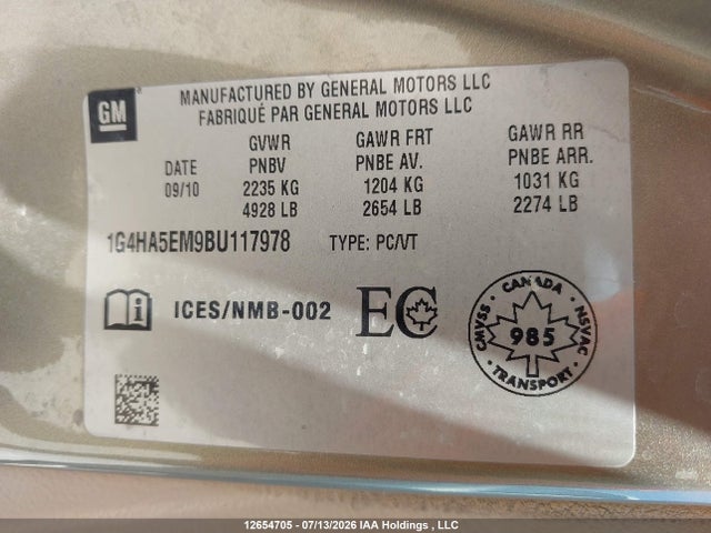 2011 Buick Lucerne Cx მანქანა იყიდება აუქციონზე, vin: 1G4HA5EM9BU117978, აუქციონის ნომერი: 12654705