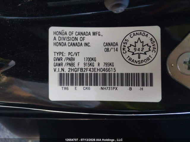 Honda Civic Lx 2014 2HGFB2F43EH046615 Image 9