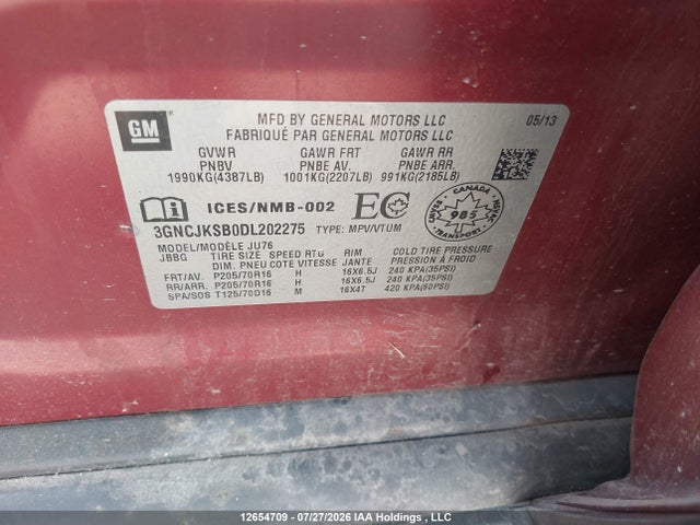 Продажа на аукционе авто 2013 Chevrolet Trax Ls, vin: 3GNCJKSB0DL202275, номер лота: 12654709