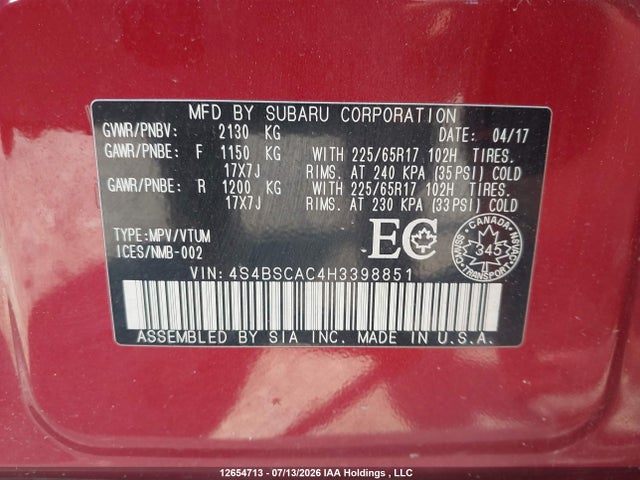 12654713 :رقم المزاد ، 4S4BSCAC4H3398851 vin ، 2017 Subaru Outback 2.5i مزاد بيع