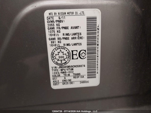 12654726 :رقم المزاد ، JN8AS5MV9CW356874 vin ، 2012 Nissan Rogue S مزاد بيع