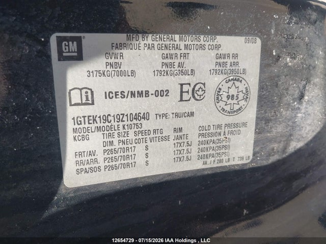 2009 Gmc Sierra 1500 Sl/sle/wt მანქანა იყიდება აუქციონზე, vin: 1GTEK19C19Z104640, აუქციონის ნომერი: 12654729