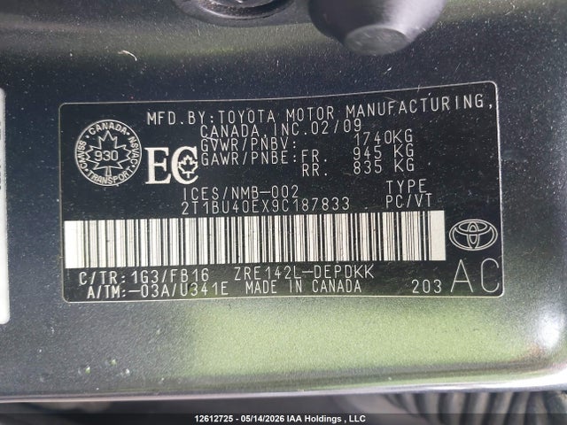 2009 Toyota Corolla Ce მანქანა იყიდება აუქციონზე, vin: 2T1BU40EX9C187833, აუქციონის ნომერი: 12612725
