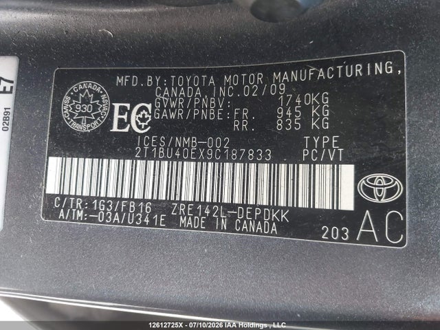 2009 Toyota Corolla Ce მანქანა იყიდება აუქციონზე, vin: 2T1BU40EX9C187833, აუქციონის ნომერი: 12612725