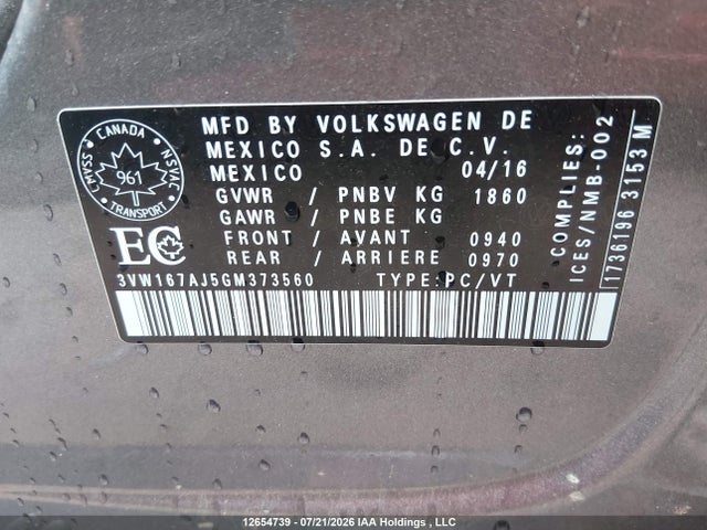 12654739 :رقم المزاد ، 3VW167AJ5GM373560 vin ، 2016 Volkswagen Jetta S مزاد بيع