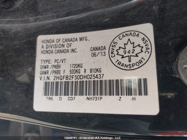 2013 Honda Civic Ex მანქანა იყიდება აუქციონზე, vin: 2HGFB2F50DH025437, აუქციონის ნომერი: 12648791