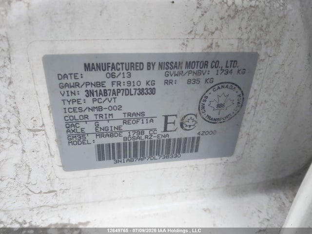 Aukcja sprzedaży 2013 Nissan Sentra 1.8 S/1.8 Sv, vin: 3N1AB7AP7DL738330, numer aukcji: 12649765