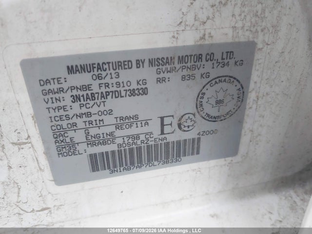 Aukcja sprzedaży 2013 Nissan Sentra 1.8 S/1.8 Sv, vin: 3N1AB7AP7DL738330, numer aukcji: 12649765