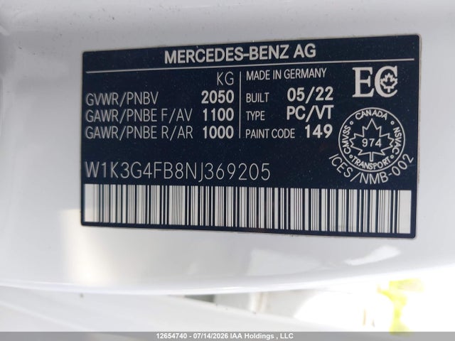 Aukcja sprzedaży 2022 Mercedes-benz A 220 4matic, vin: W1K3G4FB8NJ369205, numer aukcji: 12654740