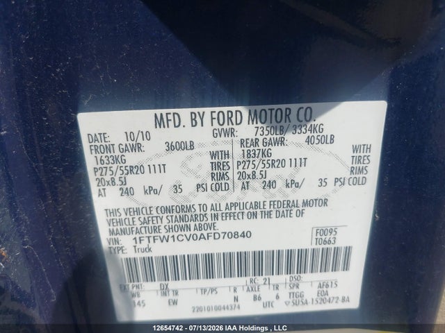 Продажа на аукционе авто 2010 Ford F150 Supercrew, vin: 1FTFW1CV0AFD70840, номер лота: 12654742