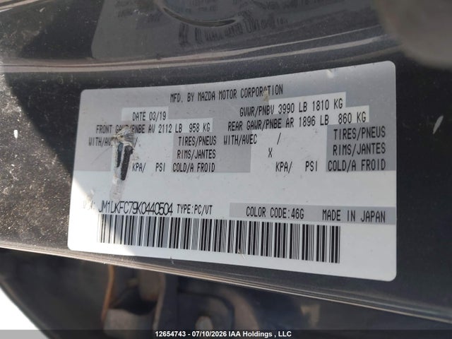 Продажа на аукционе авто 2019 Mazda Cx-3 Touring, vin: JM1DKFC79K0440504, номер лота: 12654743