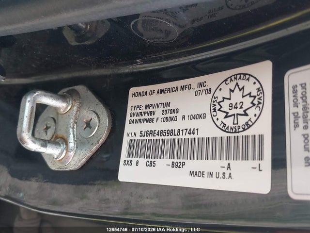 Продаж на аукціоні авто 2008 Honda Cr-v, vin: 5J6RE48598L817441, номер лоту: 12654746
