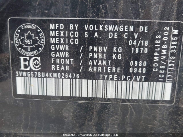 Продаж на аукціоні авто 2019 Volkswagen Jetta 1.4 Tsi Execline, vin: 3VWG57BU4KM026476, номер лоту: 12654755