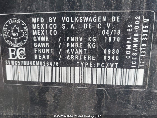 Продаж на аукціоні авто 2019 Volkswagen Jetta 1.4 Tsi Execline, vin: 3VWG57BU4KM026476, номер лоту: 12654755