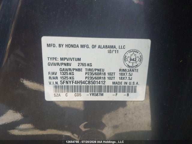Продажа на аукционе авто 2012 Honda Pilot, vin: 5FNYF4H94CB501412, номер лота: 12654756