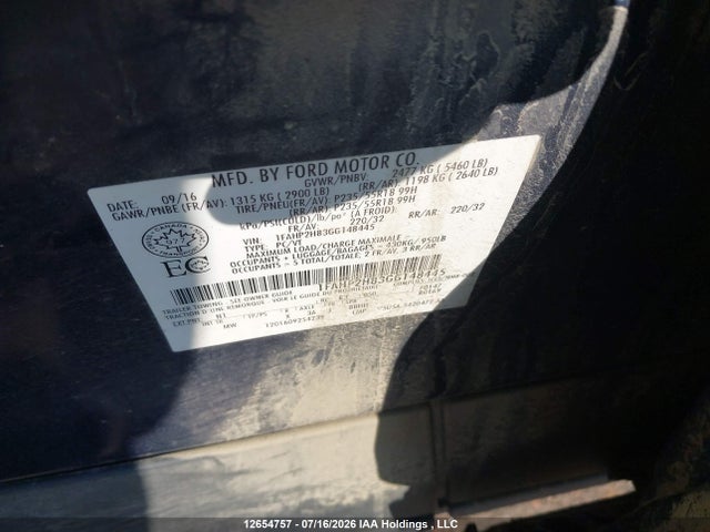12654757 :رقم المزاد ، 1FAHP2H83GG148445 vin ، 2016 Ford Taurus Sel مزاد بيع
