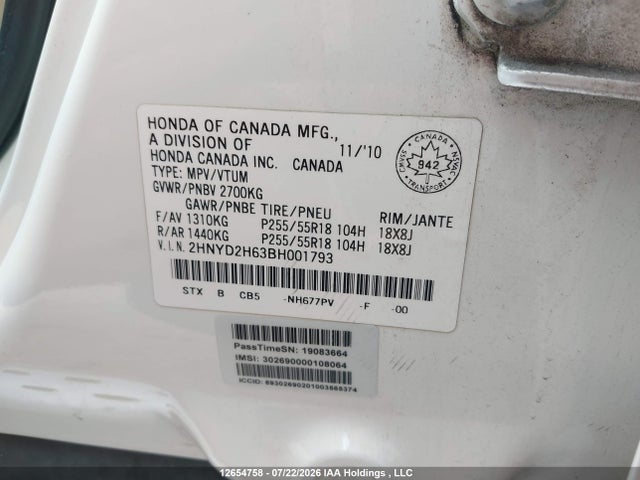 Aukcja sprzedaży 2011 Acura Mdx, vin: 2HNYD2H63BH001793, numer aukcji: 12654758