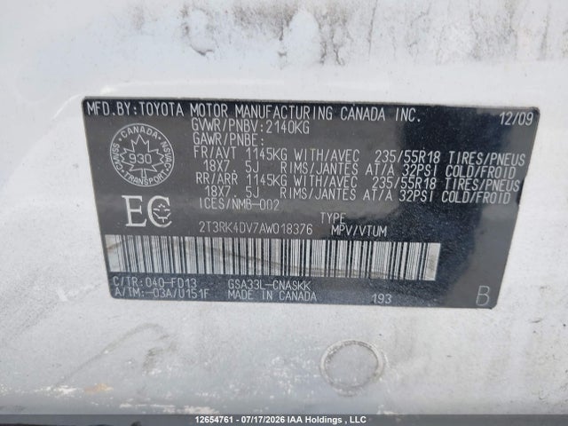 2010 Toyota Rav4 Sport მანქანა იყიდება აუქციონზე, vin: 2T3RK4DV7AW018376, აუქციონის ნომერი: 12654761