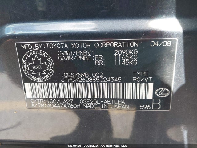 12640400 :رقم المزاد ، JTHCK262885024345 vin ، 2008 Lexus Is 250 مزاد بيع