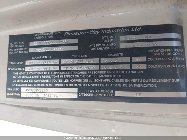 12649189 :رقم المزاد ، 2B6KB31Y8XK532554 vin ، 1999 Dodge Ram Van 3500 Commercial/conversion مزاد بيع