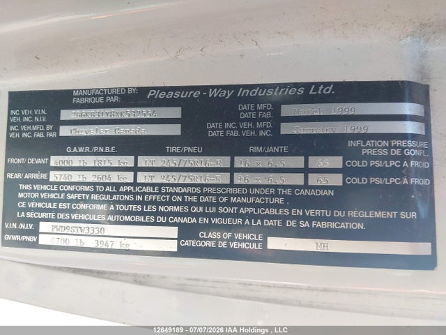 12649189 :رقم المزاد ، 2B6KB31Y8XK532554 vin ، 1999 Dodge Ram Van 3500 Commercial/conversion مزاد بيع