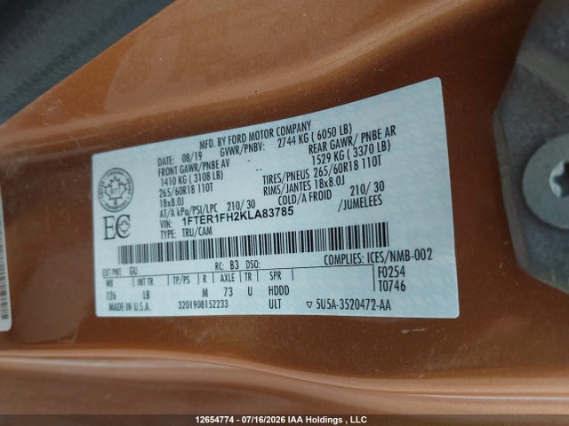 12654774 :رقم المزاد ، 1FTER1FH2KLA83785 vin ، 2019 Ford Ranger Xl/xlt/lariat مزاد بيع