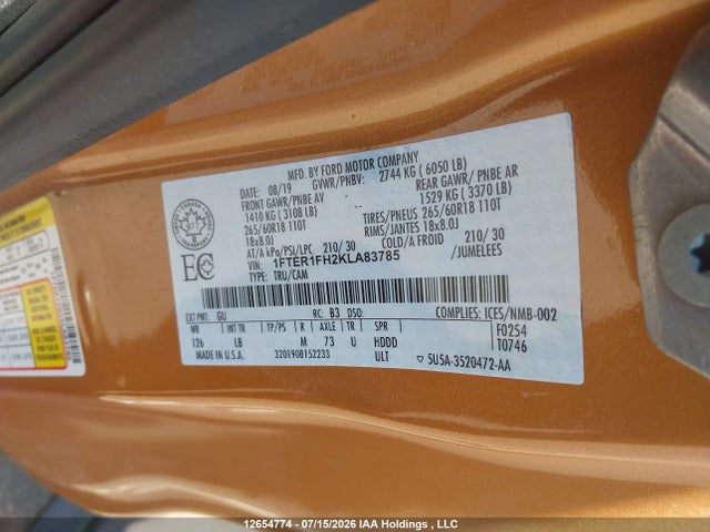 12654774 :رقم المزاد ، 1FTER1FH2KLA83785 vin ، 2019 Ford Ranger Xl/xlt/lariat مزاد بيع