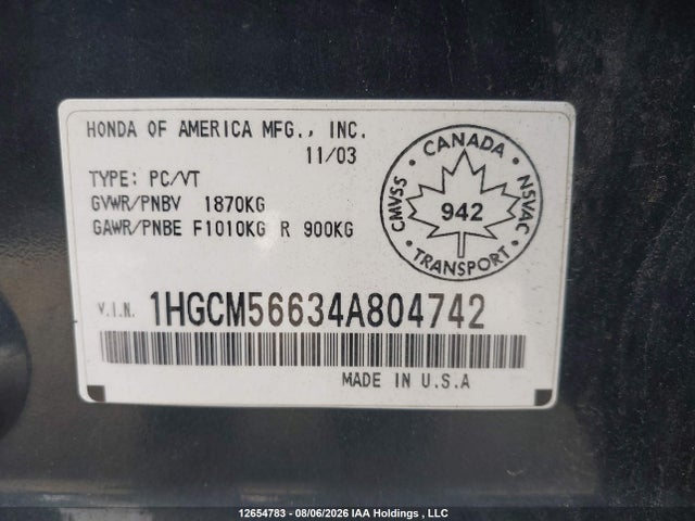 2004 Honda Accord Ex-l/lx-g მანქანა იყიდება აუქციონზე, vin: 1HGCM56634A804742, აუქციონის ნომერი: 12654783