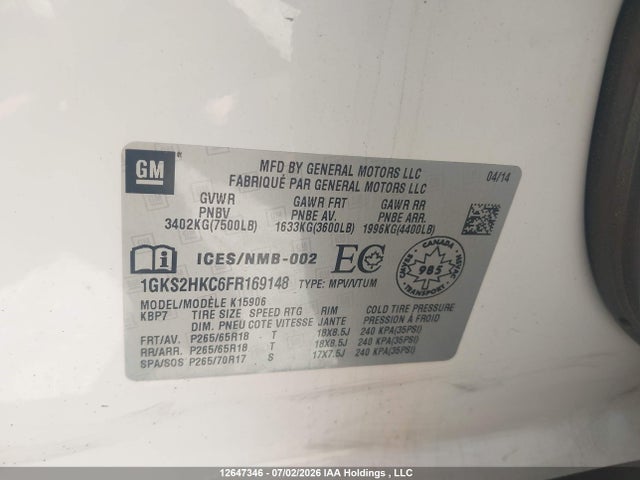 Продаж на аукціоні авто 2015 Gmc Yukon Xl 1500 Slt, vin: 1GKS2HKC6FR169148, номер лоту: 12647346