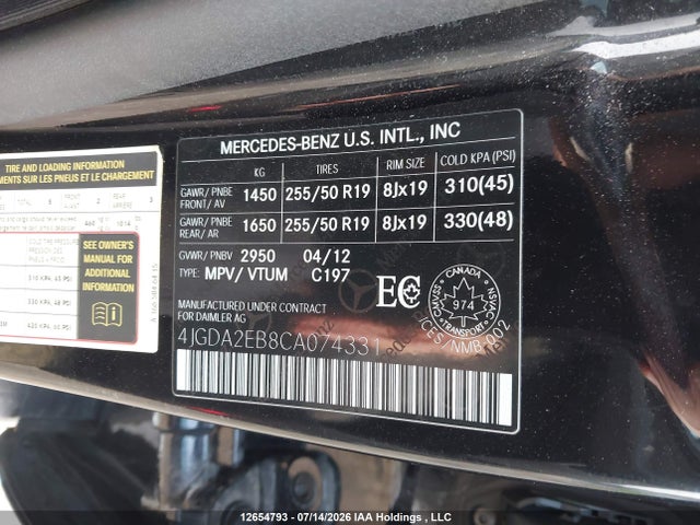 12654793 :رقم المزاد ، 4JGDA2EB8CA074331 vin ، 2012 Mercedes-benz Ml350 مزاد بيع