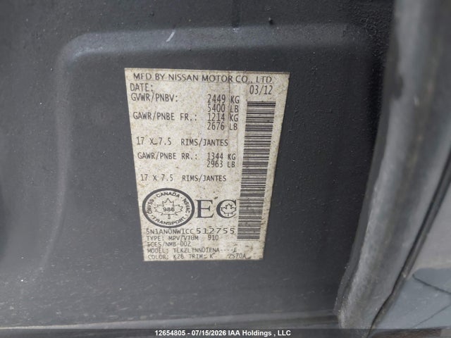 2012 Nissan Xterra მანქანა იყიდება აუქციონზე, vin: 5N1AN0NW1CC512755, აუქციონის ნომერი: 12654805