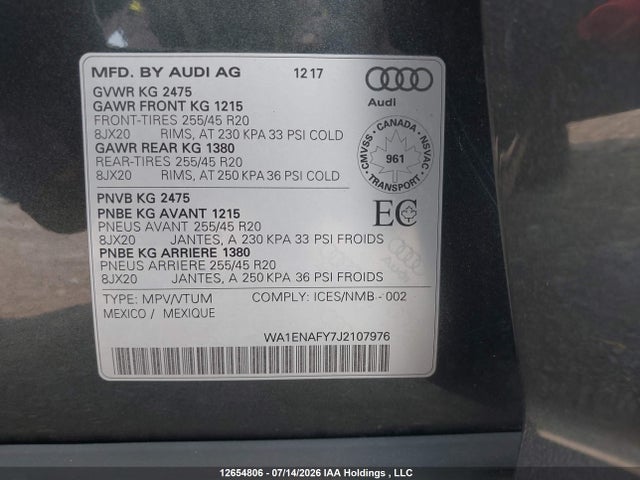 12654806 :رقم المزاد ، WA1ENAFY7J2107976 vin ، 2018 Audi Q5 2.0t Progressiv مزاد بيع