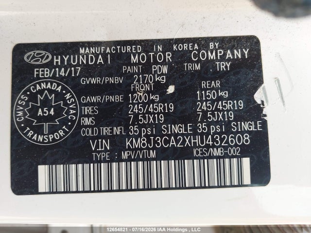 Продаж на аукціоні авто 2017 Hyundai Tucson Limited/sport And Eco/se, vin: KM8J3CA2XHU432608, номер лоту: 12654821