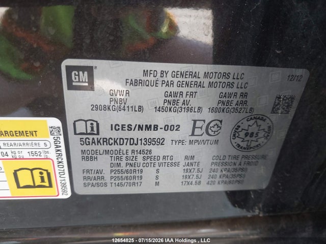 Aukcja sprzedaży 2013 Buick Enclave Leather, vin: 5GAKRCKD7DJ139592, numer aukcji: 12654825