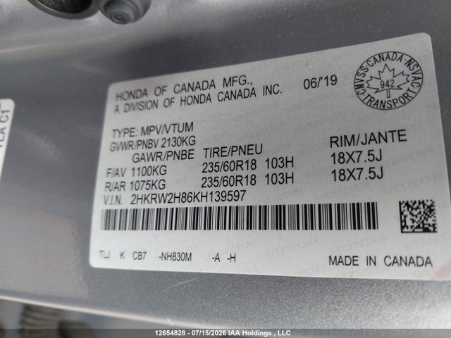 2019 Honda Cr-v Exl მანქანა იყიდება აუქციონზე, vin: 2HKRW2H86KH139597, აუქციონის ნომერი: 12654828