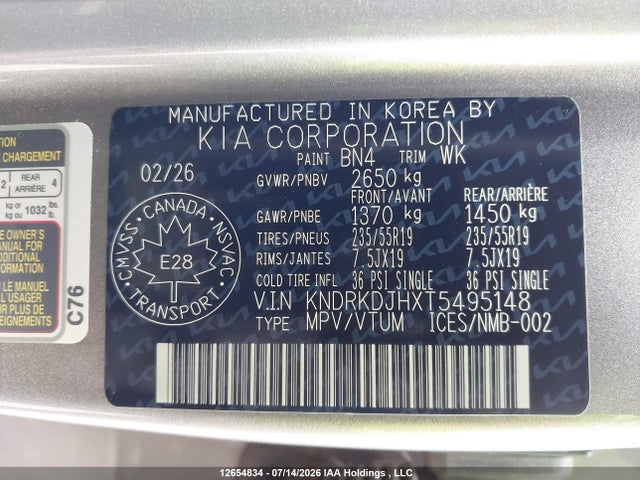 2026 Kia Sorento Ex მანქანა იყიდება აუქციონზე, vin: KNDRKDJHXT5495148, აუქციონის ნომერი: 12654834