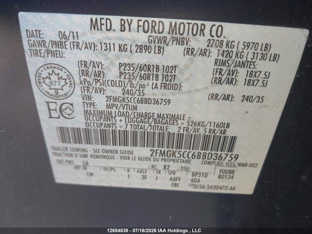 12654838 :رقم المزاد ، 2FMGK5CC6BBD36759 vin ، 2011 Ford Flex مزاد بيع