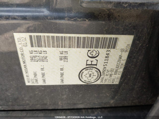 12654839 :رقم المزاد ، 1N4AL2AP6CN511843 vin ، 2012 Nissan Altima 2.5 S مزاد بيع