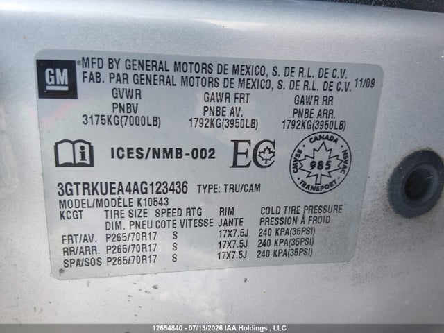 Aukcja sprzedaży 2010 Gmc Sierra 1500, vin: 3GTRKUEA4AG123436, numer aukcji: 12654840