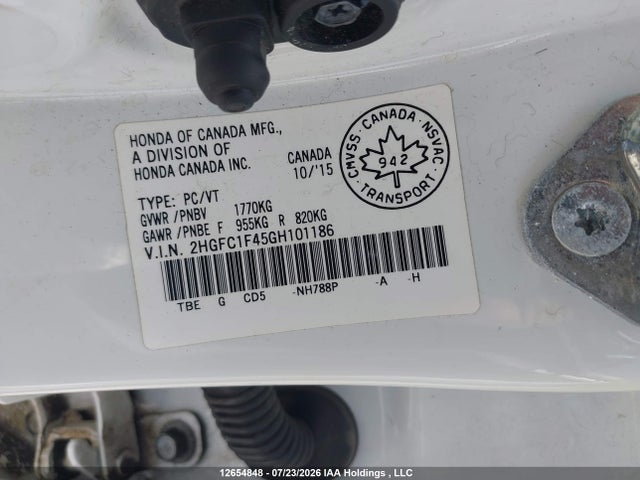 12654848 :رقم المزاد ، 2HGFC1F45GH101186 vin ، 2016 Honda Civic Ex-t مزاد بيع