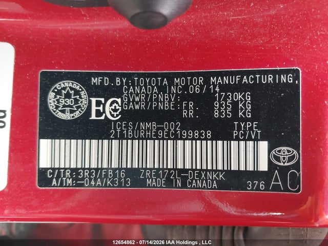 12654862 :رقم المزاد ، 2T1BURHE9EC199838 vin ، 2014 Toyota Corolla Le مزاد بيع
